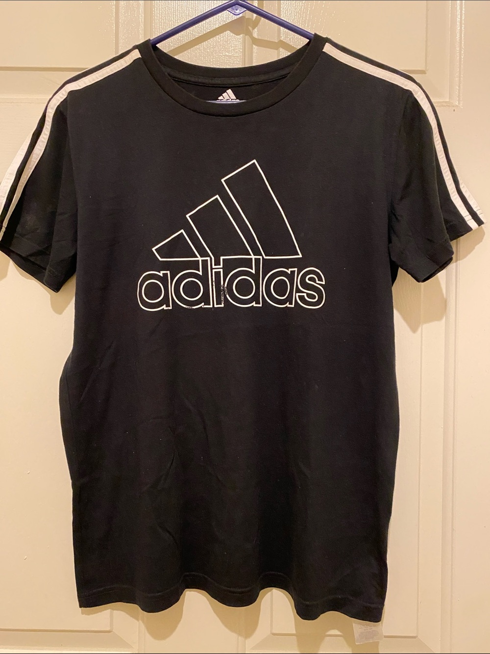 adidas Black Short Sleeve Tee with White Logo and Shoulder Stripes